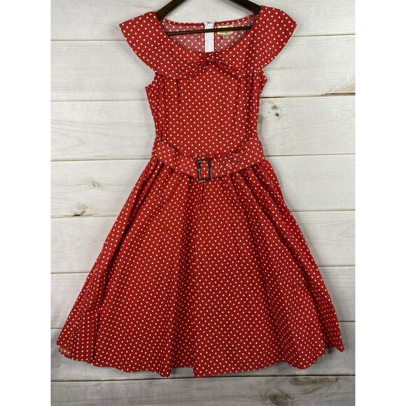 Lindy Bop Dress Sz M Red Polka Dot Retro 50's Swing Belted Whimsy Pin Up Girl - Picture 1 of 9